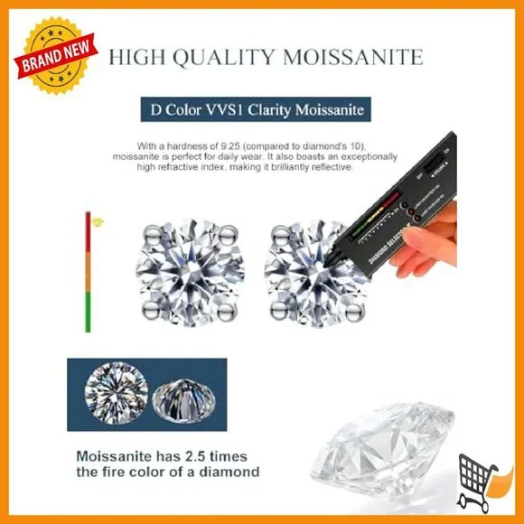 Moissanite Stud Earrings Sterling Silver Hypoallergenic Screw Back